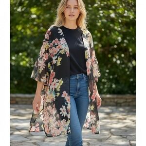 Floral Kimono Cardigan Black Pink Sheer Bell Sleeve One Size Boho